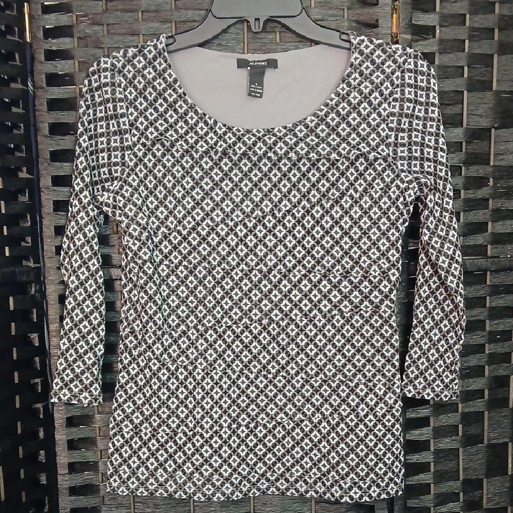 Alfani Geometric Sheer Lined Tiered Black/White Long Sleeve Top Sz S
